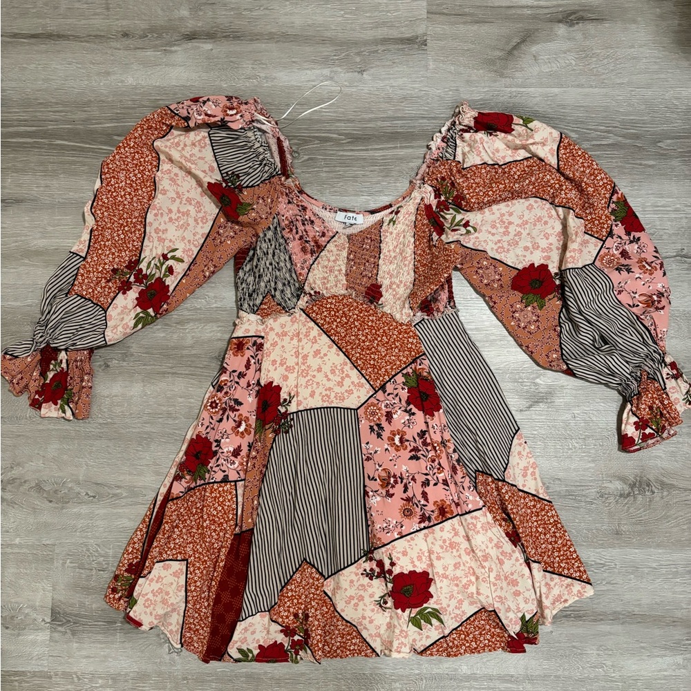 Fate puff sleeve patchwork dress